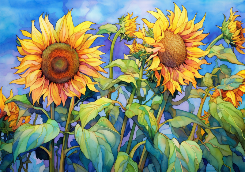 近景夏日盛开黄色向日葵花田蓝色天空特写水彩插画,插画/手绘图,插画/手绘图库,插画/手绘图下载,插画/手绘